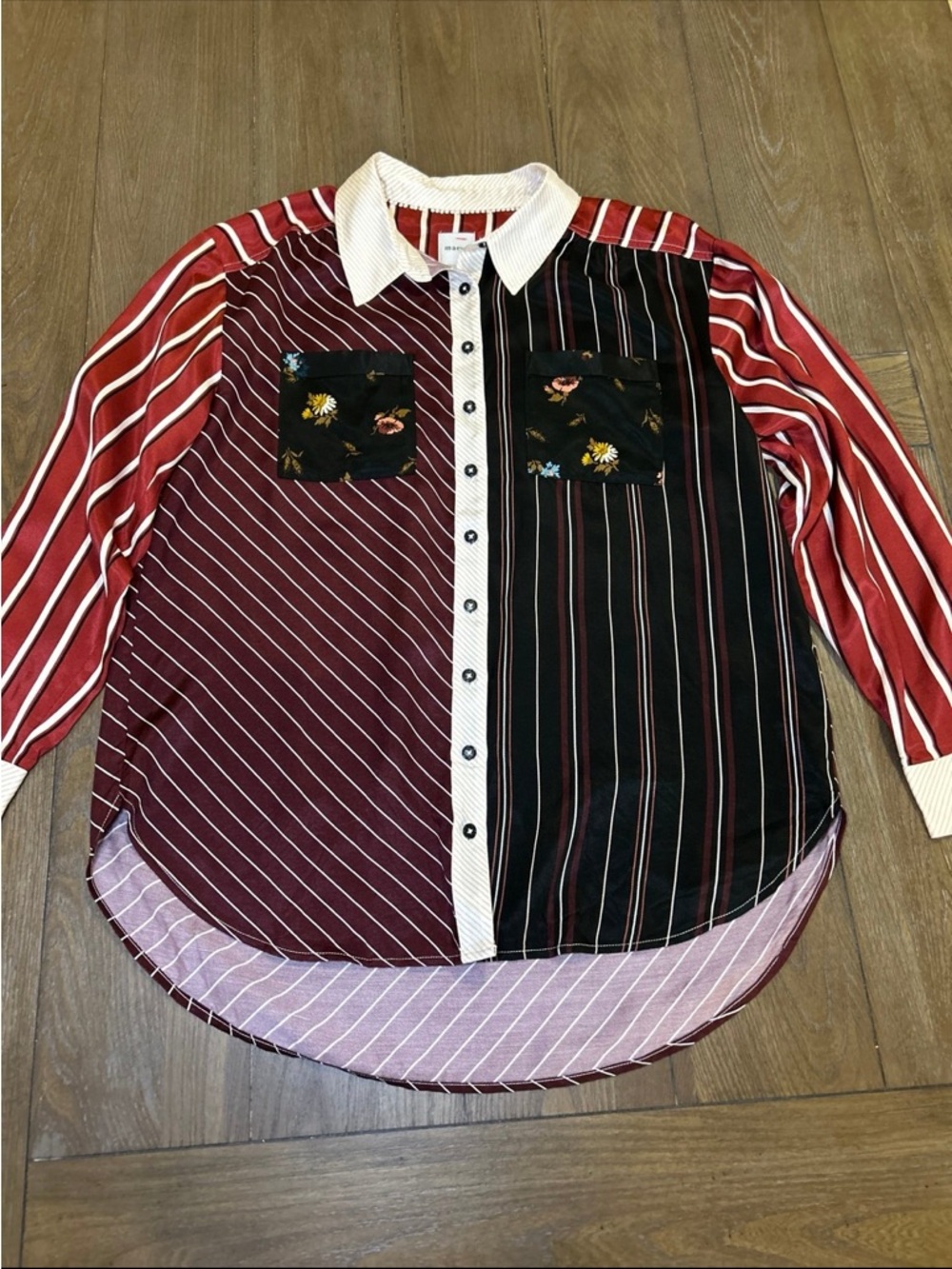 Anthropologie Striped Mixed-Panel Button-Up Blouse - Red, Black, White